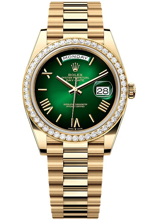 Rolex Day-Date "President" 40mm Yellow Gold Green Ombre Dial Diamond Bezel
