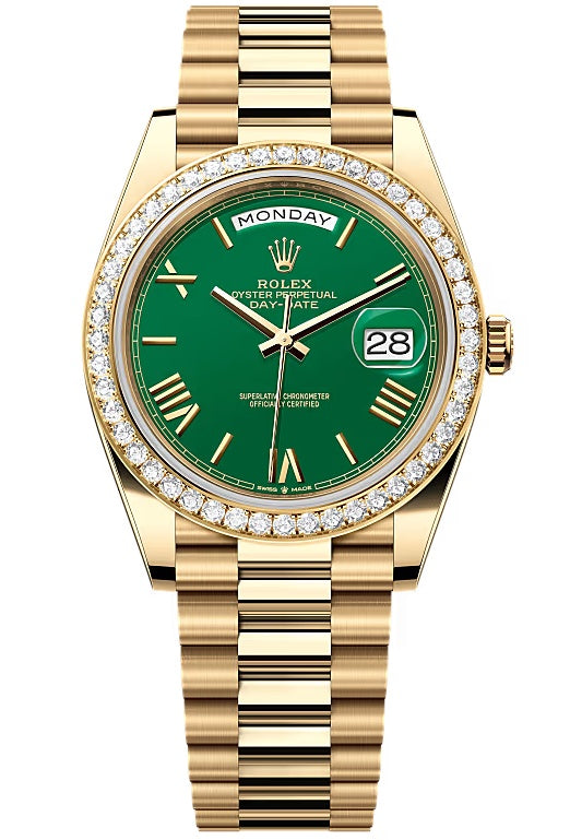 Rolex Day-Date "President" 40mm Yellow Gold Green Roman Dial Diamond Bezel -