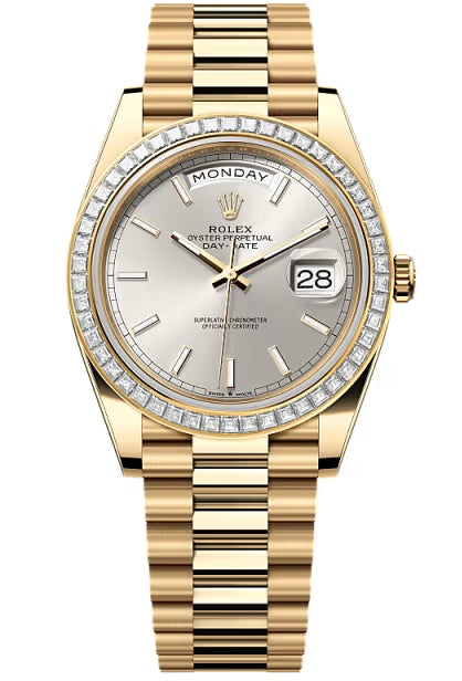 Rolex Day-Date "President" 40mm Yellow Gold Silver Index Dial Trapeze Diamond