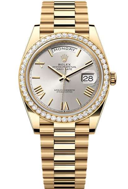 Rolex Day-Date "President" 40mm Yellow Gold Silver Roman Dial Diamond Bezel