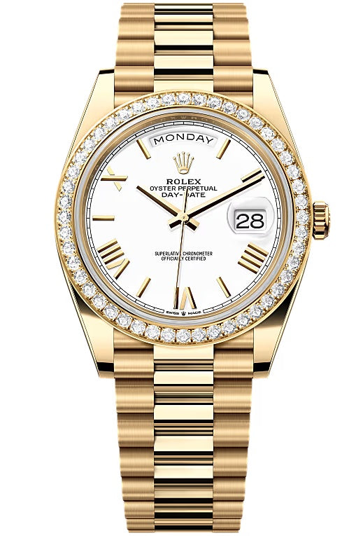 Rolex Day-Date "President" 40mm Yellow Gold White Roman Dial Diamond Bezel