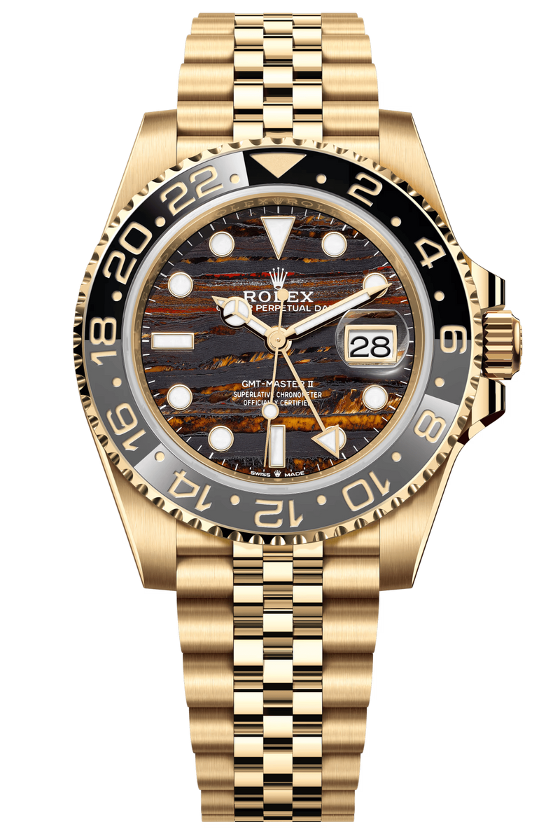 Rolex GMT-Master II 126718GRNR Yellow Gold Tiger Iron Dial – New 2025