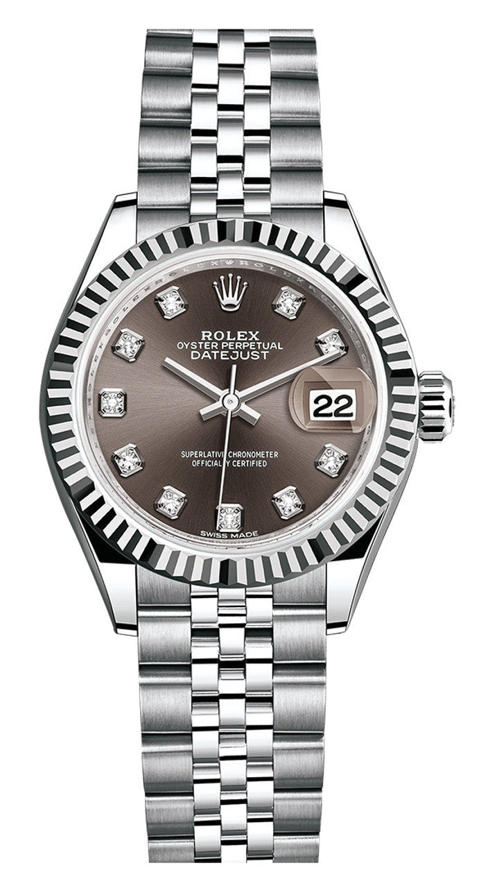 Rolex Lady-Datejust 28mm Dark Grey Diamond Dial Fluted Bezel Jubilee Bracelet