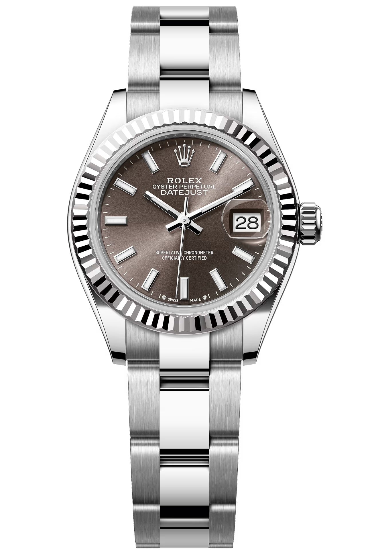 Rolex Lady-Datejust 28mm Dark Grey Index Dial Fluted Bezel Oyster Bracelet