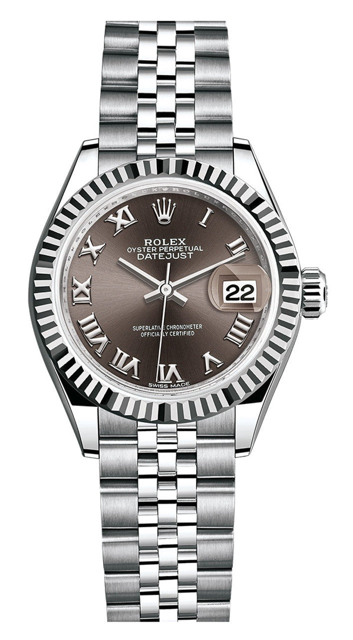 Rolex Lady-Datejust 28mm Dark Grey Roman Dial Fluted Bezel Jubilee Bracelet
