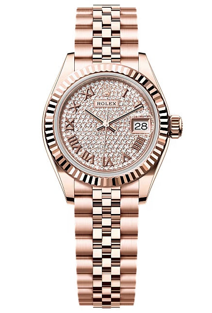 Rolex Lady-Datejust 28mm Everose Gold Diamond-Paved Dial Fluted Bezel Jubilee