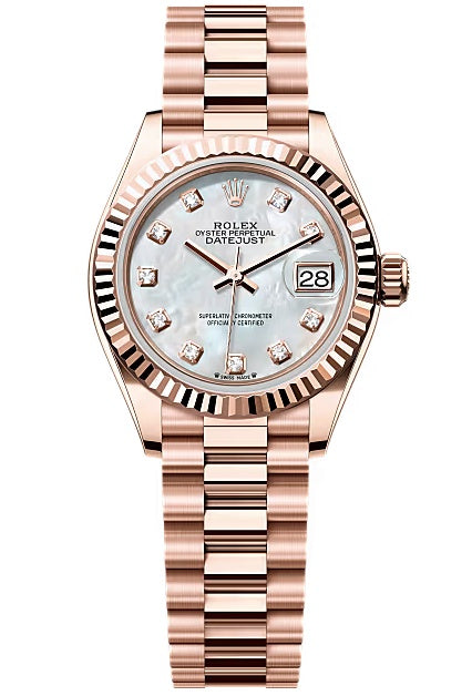 Rolex Lady-Datejust 28mm Everose Gold Mother of Pearl Diamond Dial Fluted Bezel
