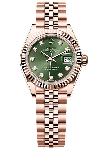 Rolex Lady-Datejust 28mm Everose Gold Olive Green Diamond Dial Fluted Bezel