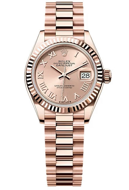Rolex Lady-Datejust 28mm Everose Gold Rose Roman Dial Fluted Bezel President