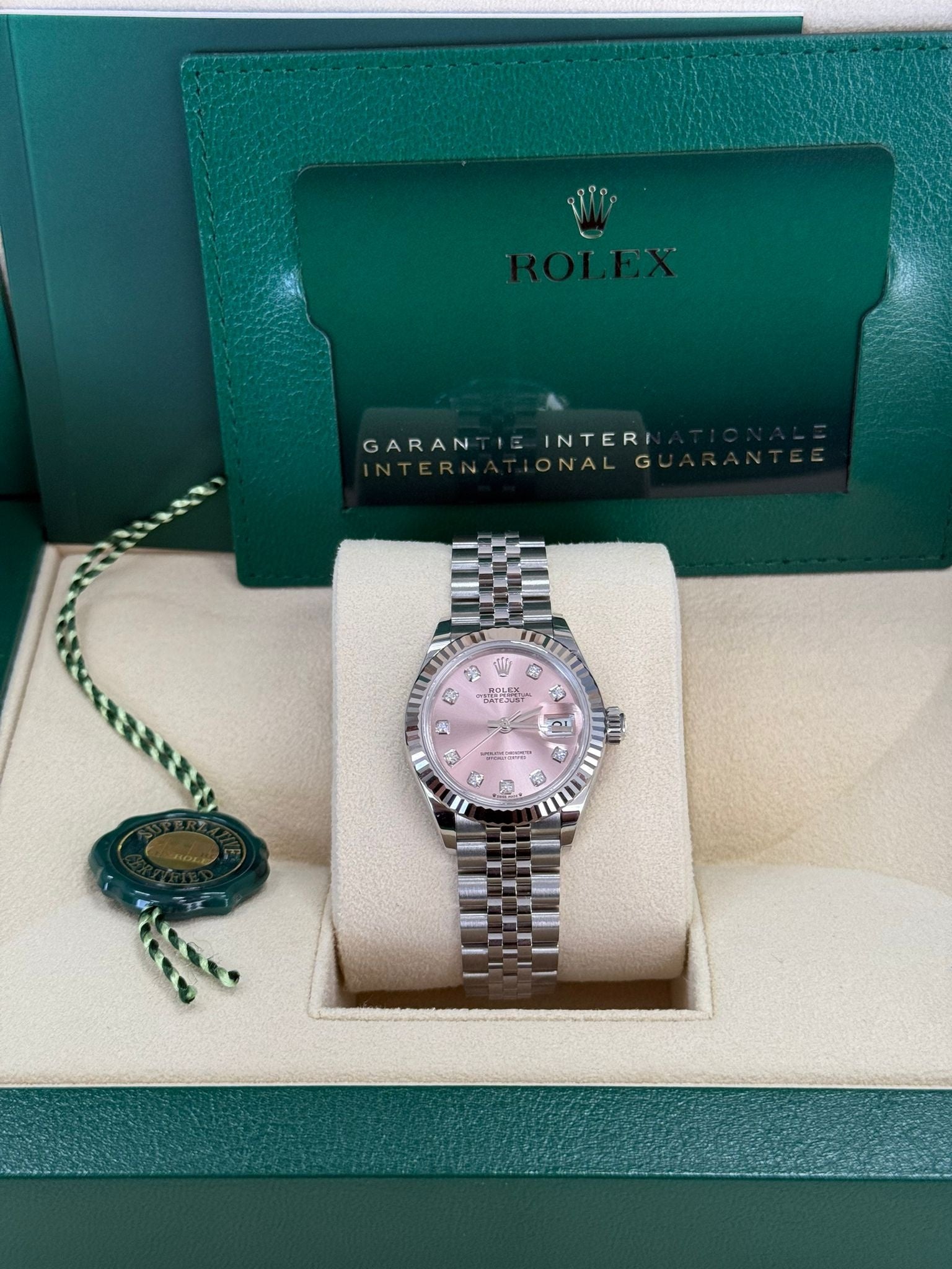 Rolex Lady-Datejust 28mm Pink Diamond Dial Fluted Bezel Jubilee Bracelet 279174