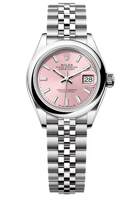 Rolex Lady-Datejust 28mm Pink Index Dial Domed Bezel Jubilee Bracelet – 279160 – New 2025