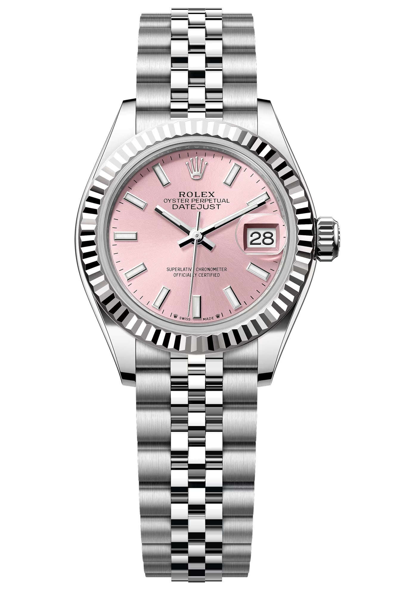 Rolex Lady-Datejust 28mm Pink Index Dial Fluted Bezel Jubilee Bracelet