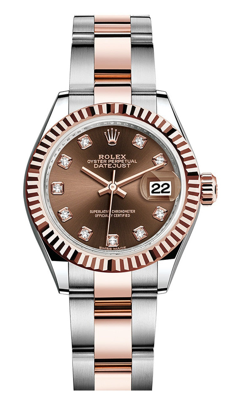 Rolex Lady-Datejust 28mm Two-Tone Everose Gold Chocolate Diamond Dial Fluted