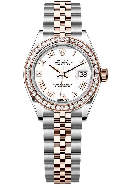 Rolex Lady-Datejust 28mm Two-Tone Everose Gold White Roman Dial Diamond Bezel