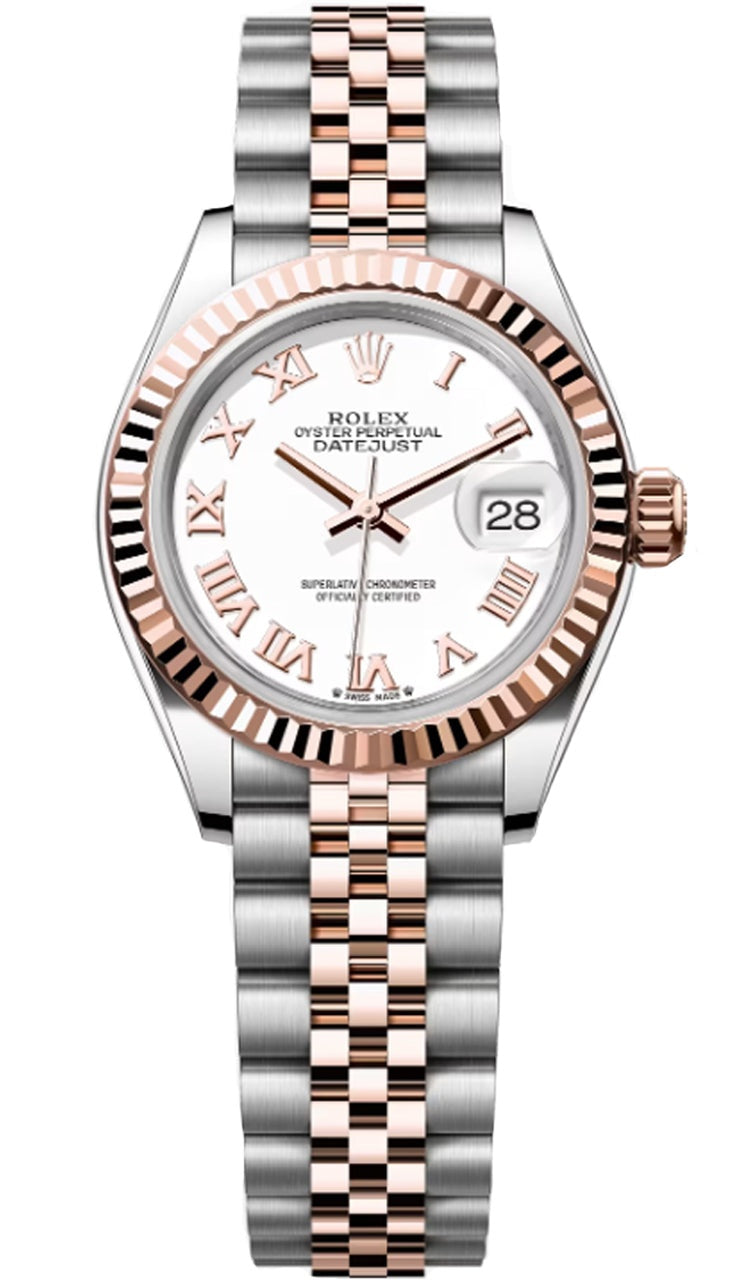Rolex Lady-Datejust 28mm Two-Tone Everose Gold White Roman Dial Fluted Bezel