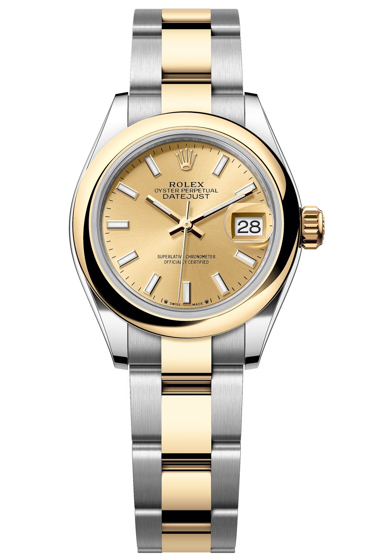 Rolex Lady-Datejust 28mm Two-Tone Yellow Gold Champagne Index Dial Domed Bezel