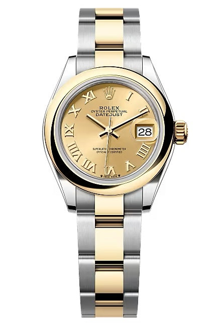 Rolex Lady-Datejust 28mm Two-Tone Yellow Gold Champagne Roman Dial Domed Bezel
