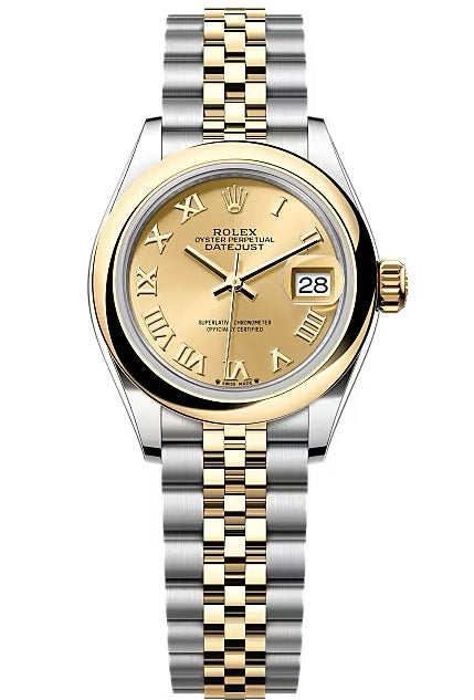 Rolex Lady-Datejust 28mm Two-Tone Yellow Gold Champagne Roman Dial Domed Bezel
