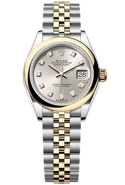 Rolex Lady-Datejust 28mm Two-Tone Yellow Gold Silver Diamond Dial Domed Bezel