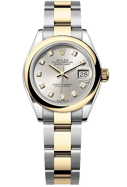 Rolex Lady-Datejust 28mm Two-Tone Yellow Gold Silver Diamond Dial Domed Bezel