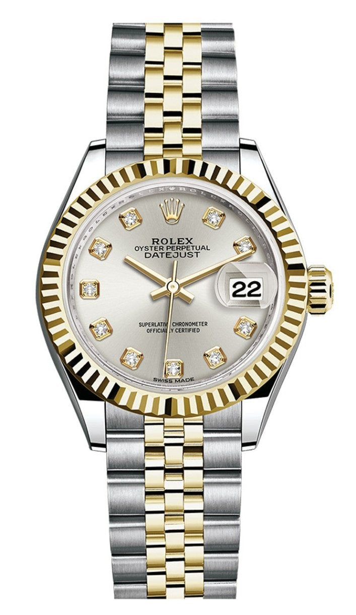Rolex Lady-Datejust 28mm Two-Tone Yellow Gold Silver Diamond Dial Fluted Bezel