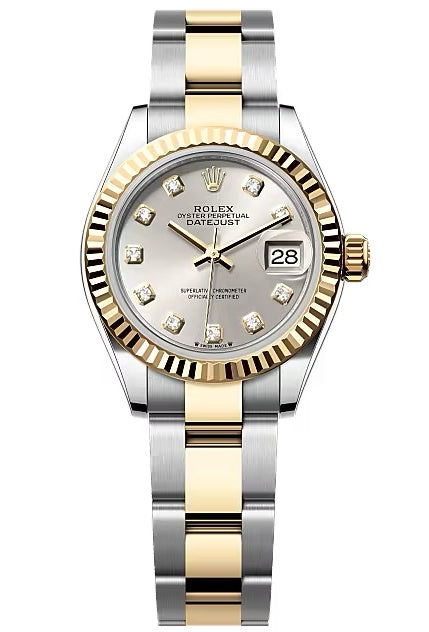 Rolex Lady-Datejust 28mm Two-Tone Yellow Gold Silver Diamond Dial Fluted Bezel