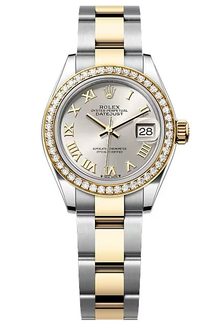 Rolex Lady-Datejust 28mm Two-Tone Yellow Gold Silver Roman Dial Diamond Bezel