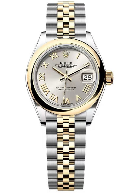 Rolex Lady-Datejust 28mm Two-Tone Yellow Gold Silver Roman Dial Domed Bezel