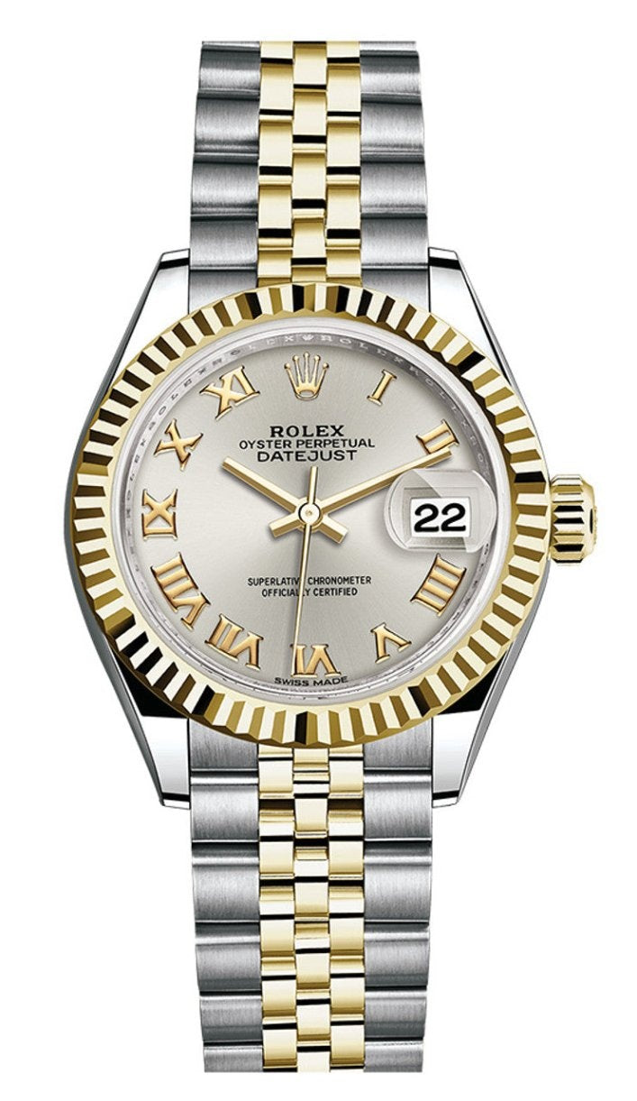 Rolex Lady-Datejust 28mm Two-Tone Yellow Gold Silver Roman Dial Fluted Bezel