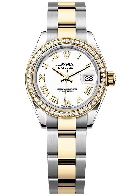 Rolex Lady-Datejust 28mm Two-Tone Yellow Gold White Roman Dial Diamond Bezel
