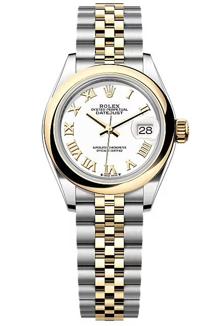 Rolex Lady-Datejust 28mm Two-Tone Yellow Gold White Roman Dial Domed Bezel