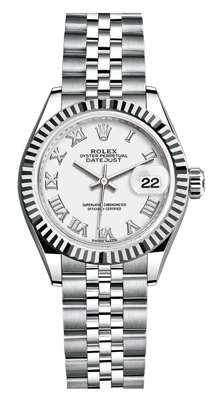 Rolex Lady-Datejust 28mm White Roman Dial Fluted Bezel Jubilee Bracelet 279174