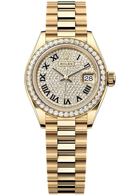 Rolex Lady-Datejust 28mm Yellow Gold Champagne Diamond-Paved Dial Diamond Bezel