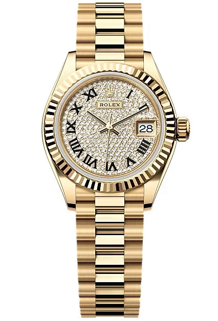 Rolex Lady-Datejust 28mm Yellow Gold Champagne Diamond-Paved Dial Fluted Bezel