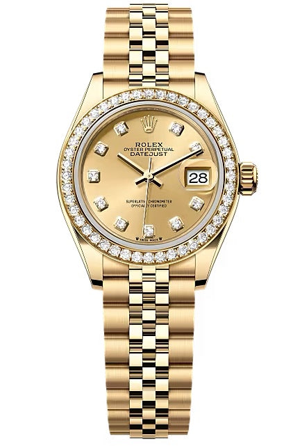 Rolex Lady-Datejust 28mm Yellow Gold Champagne Diamond Dial Diamond Bezel