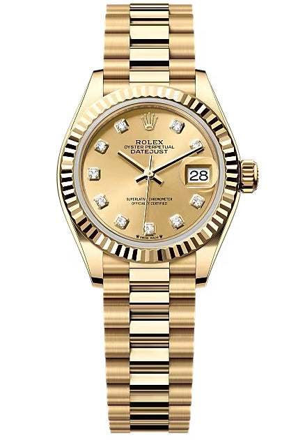 Rolex Lady-Datejust 28mm Yellow Gold Champagne Diamond Dial Fluted Bezel