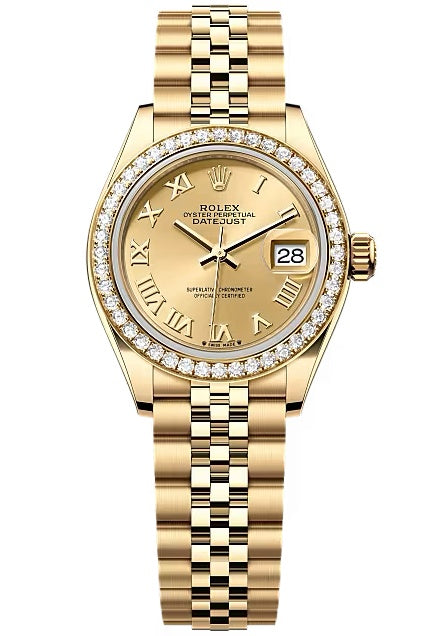 Rolex Lady-Datejust 28mm Yellow Gold Champagne Roman Dial Diamond Bezel Jubilee