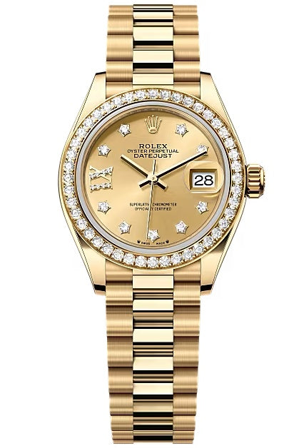 Rolex Lady-Datejust 28mm Yellow Gold Champagne Star Diamond Dial Diamond Bezel
