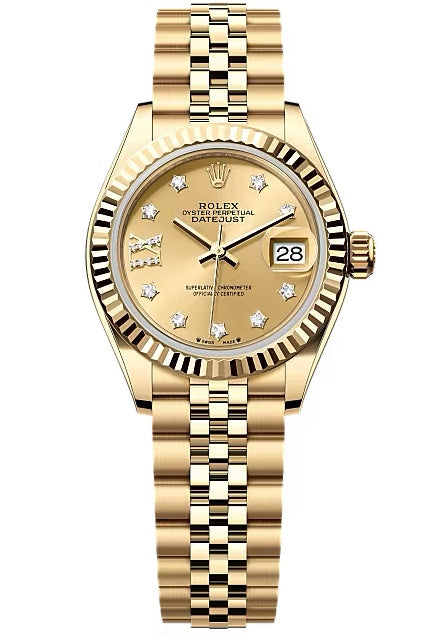 Rolex Lady-Datejust 28mm Yellow Gold Champagne Star Diamond Dial Fluted Bezel