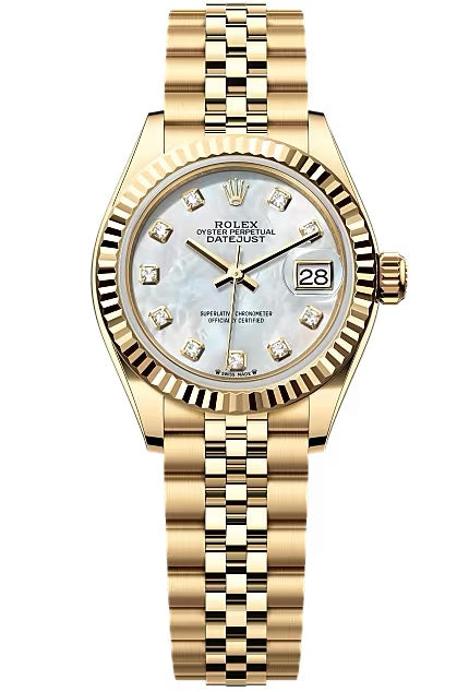Rolex Lady-Datejust 28mm Yellow Gold Mother of Pearl Diamond Dial Fluted Bezel