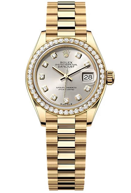 Rolex Lady-Datejust 28mm Yellow Gold Silver Diamond Dial Diamond Bezel