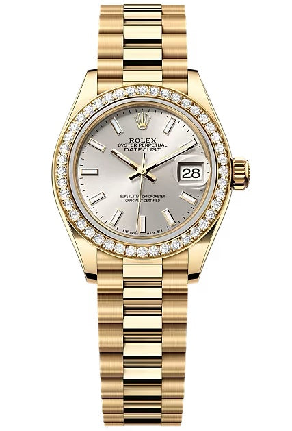 Rolex Lady-Datejust 28mm Yellow Gold Silver Index Dial Diamond Bezel President