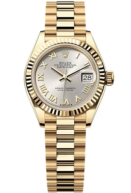Rolex Lady-Datejust 28mm Yellow Gold Silver Roman Dial Fluted Bezel President