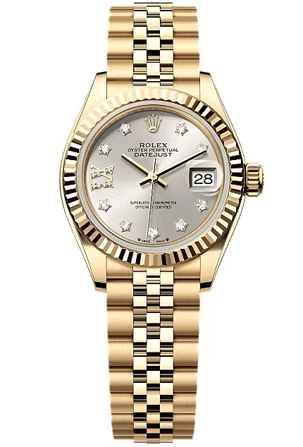 Rolex Lady-Datejust 28mm Yellow Gold Silver Star Diamond Dial Fluted Bezel