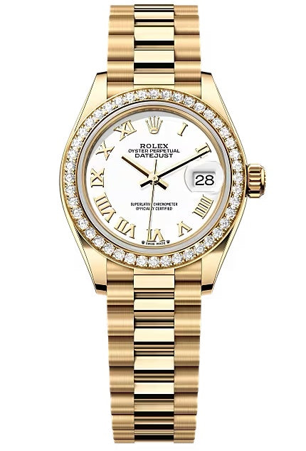 Rolex Lady-Datejust 28mm Yellow Gold White Roman Dial Diamond Bezel President