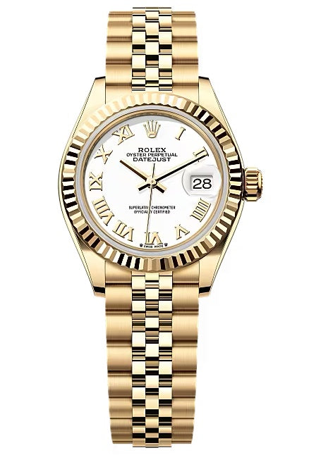 Rolex Lady-Datejust 28mm Yellow Gold White Roman Dial Fluted Bezel Jubilee