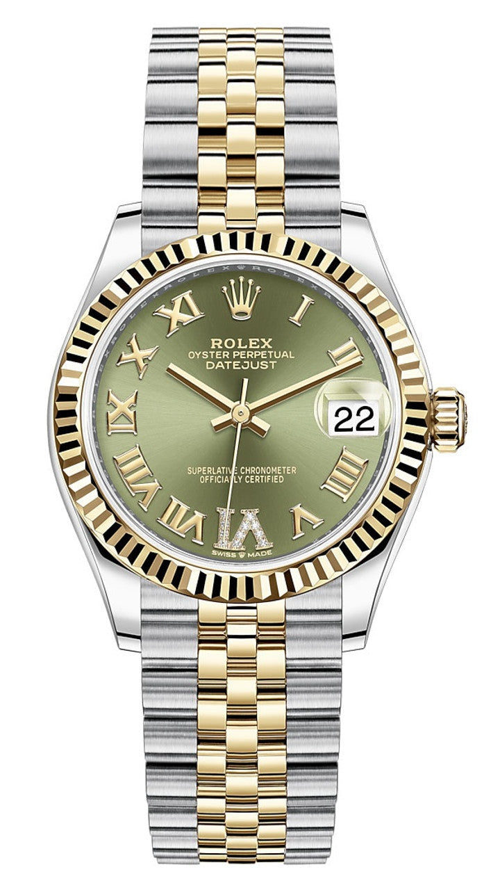 Rolex Lady-Datejust 31mm Two-Tone Yellow Gold Green Roman Diamond Dial Fluted