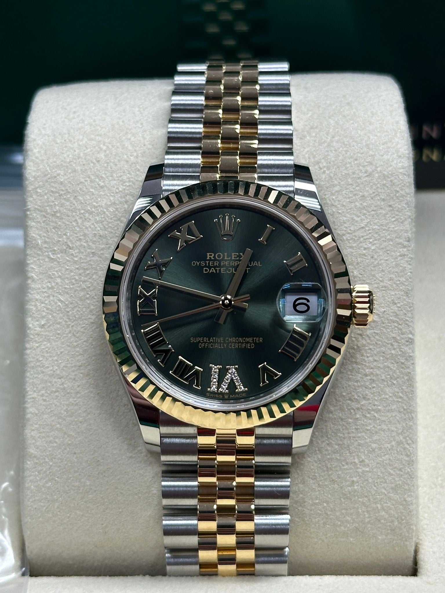 Rolex Lady-Datejust 31mm Two-Tone Yellow Gold Green Roman Diamond Dial Fluted