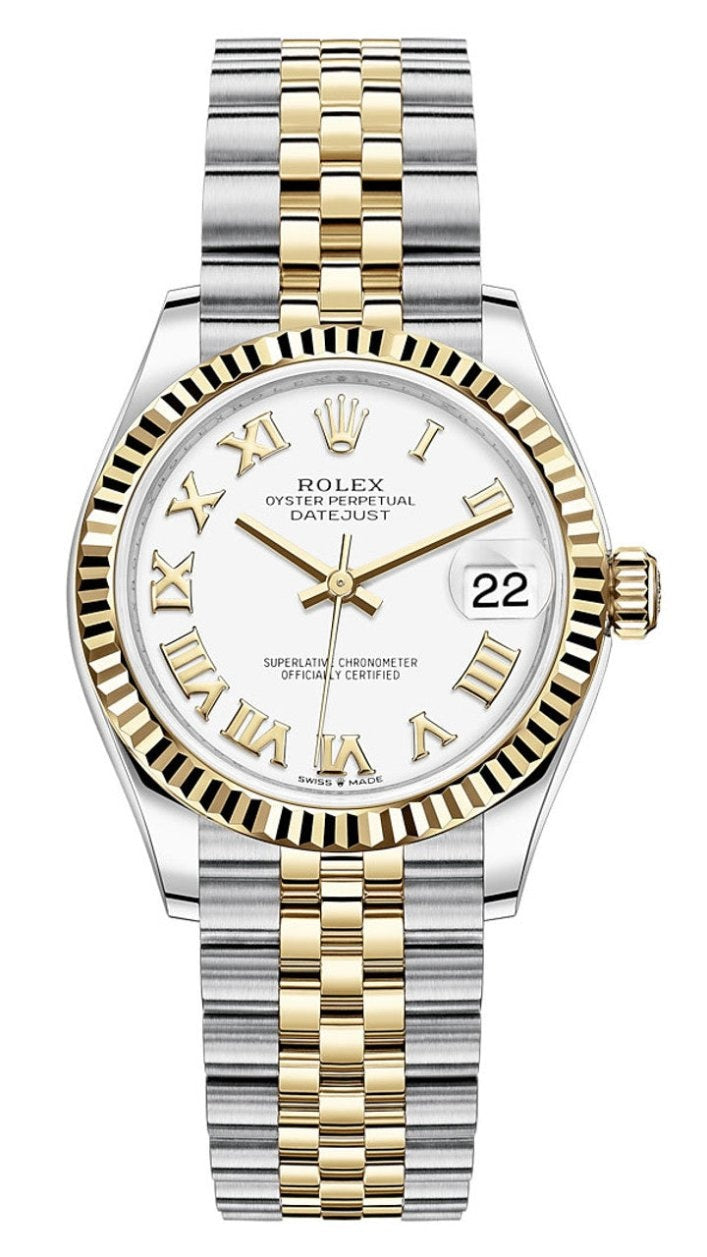 Rolex Lady-Datejust 31mm Two-Tone Yellow Gold White Roman Dial Fluted Bezel