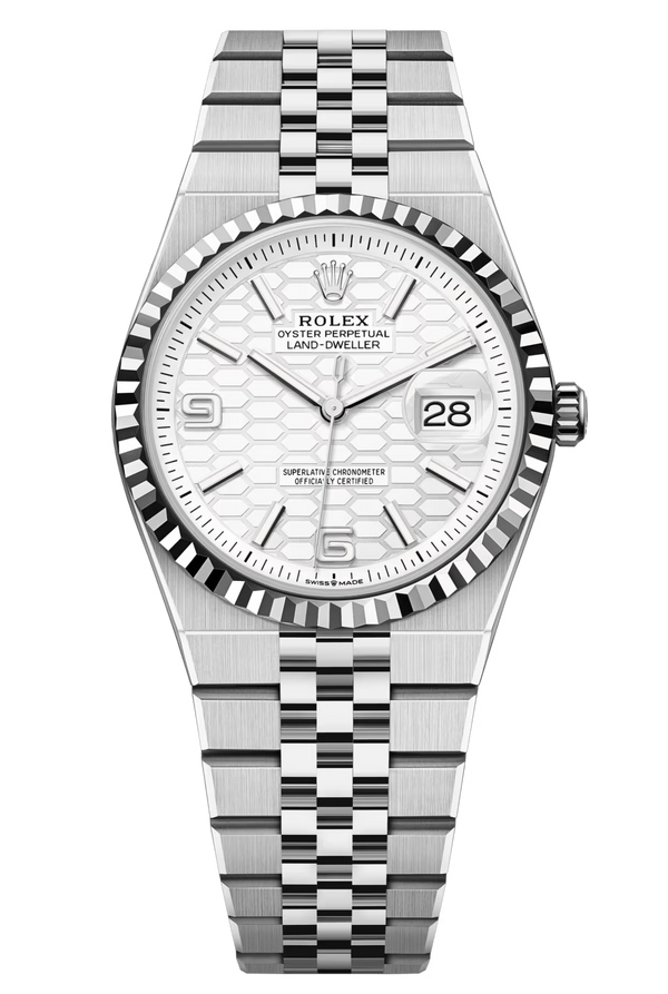 Rolex Land-Dweller 127234 36 mm White Honeycomb Dial Fluted Bezel Flat Jubilee – New 2025